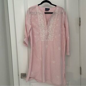 Madison Mathews Pink Seersucker Embroidered
Cotton Tunic Dress Coastal.       L6